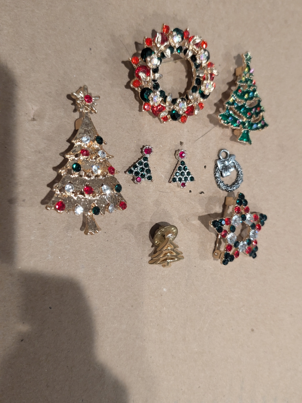 Festive Gold-Tone Christmas Brooch Pin Set with Red & Green Accents